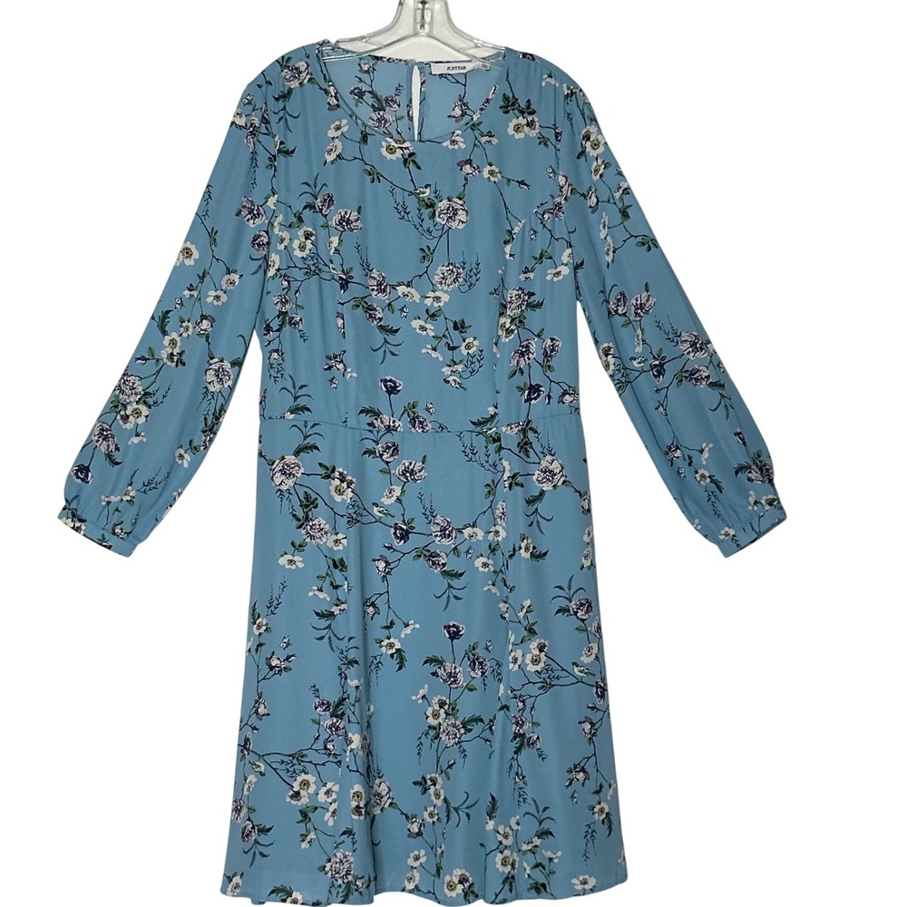 JustFab Floral Dress XXL Blue Long Sleeve Fit Flare Plus Size Cottagecore